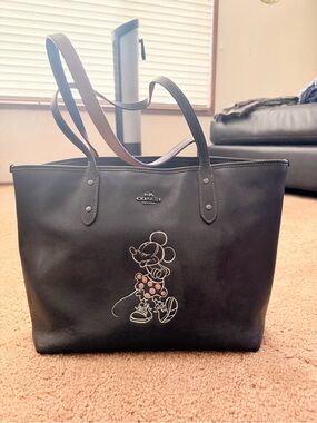 Coach Black Pebbled Leather Tote with Minnie Mouse Graphic